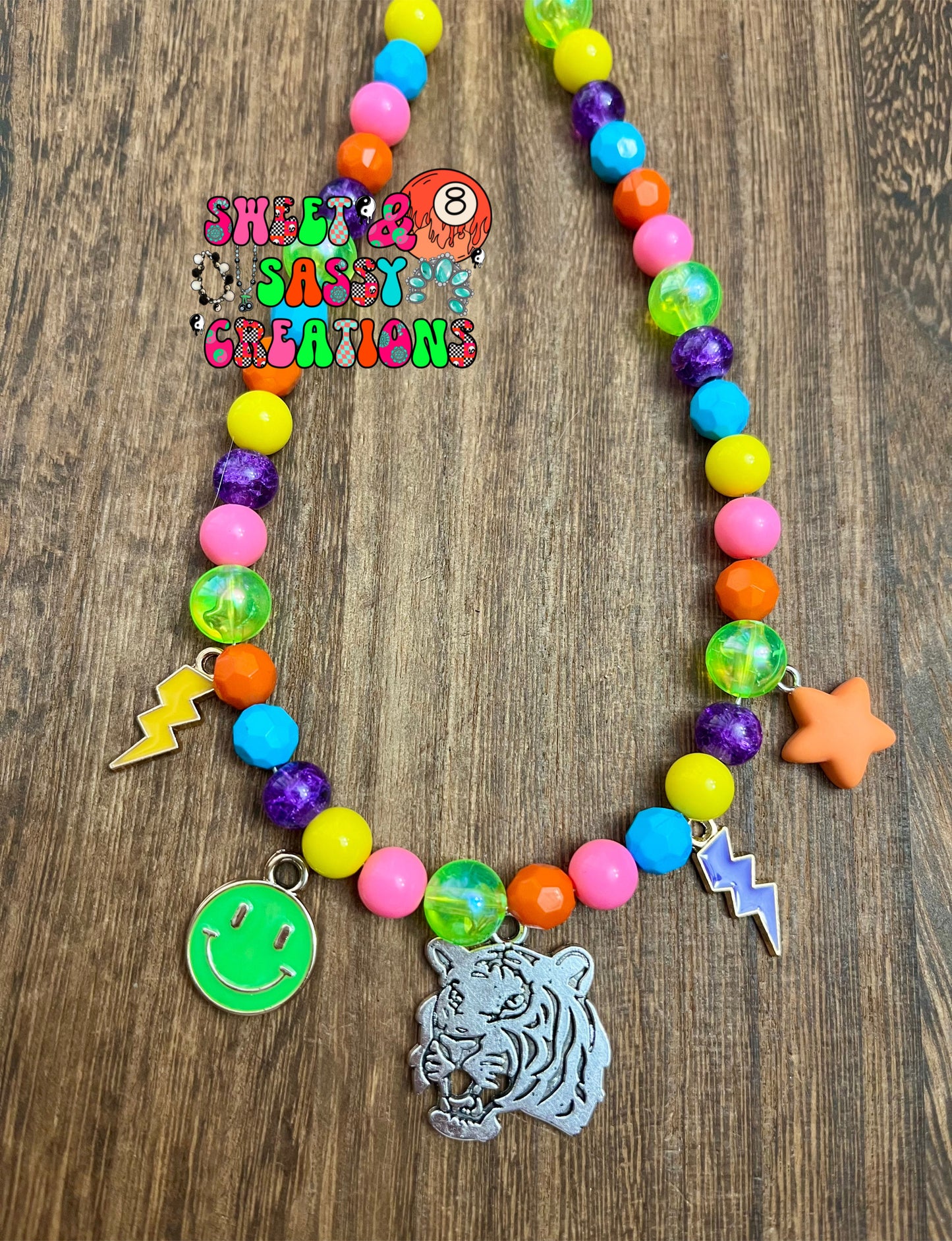 Neon rainbow tiger mashup necklace (charm colors may vary, they will match)