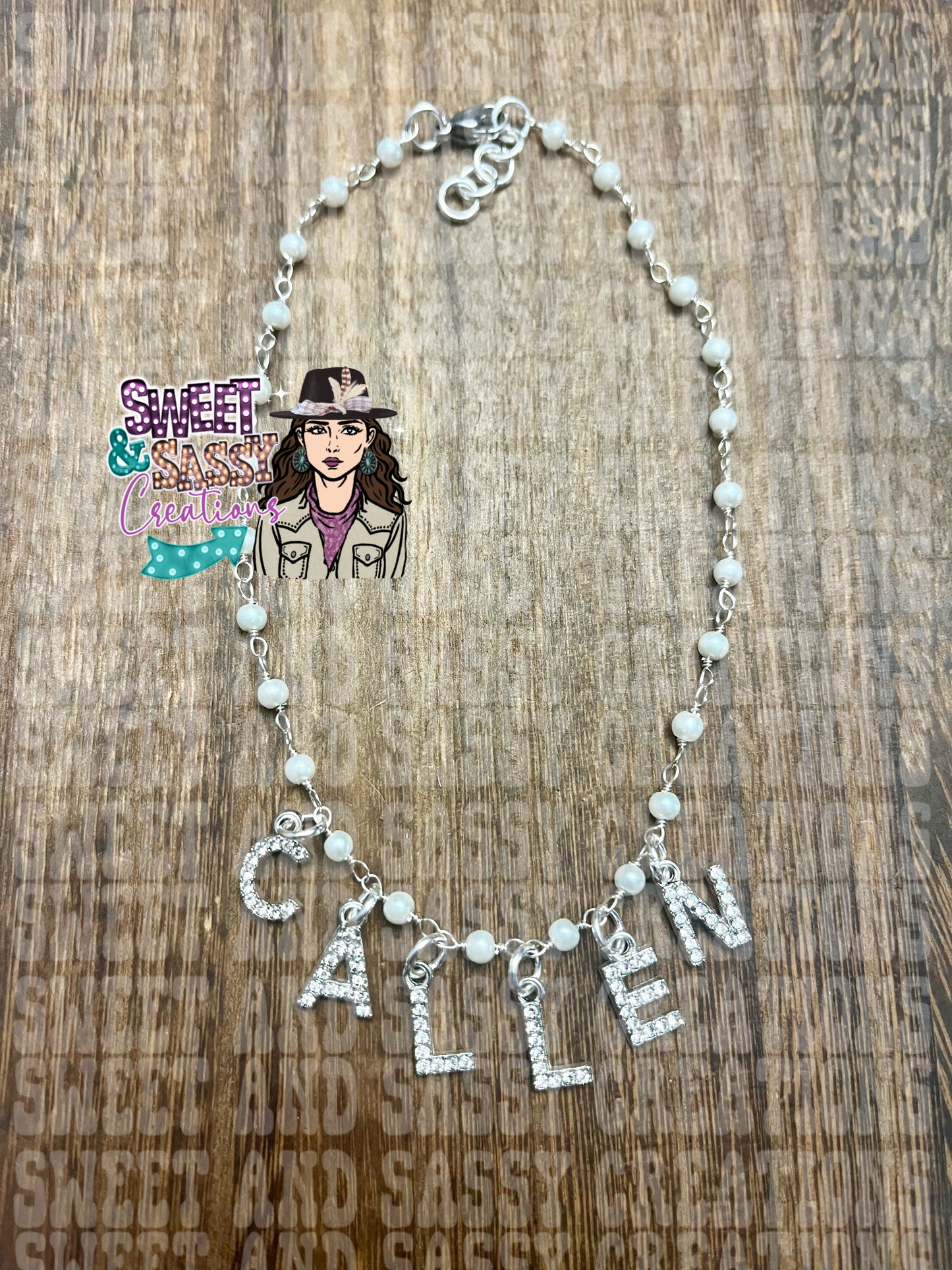 Rhinestone Name Necklace on pearl beaded chain (please leave size in notes at checkout)