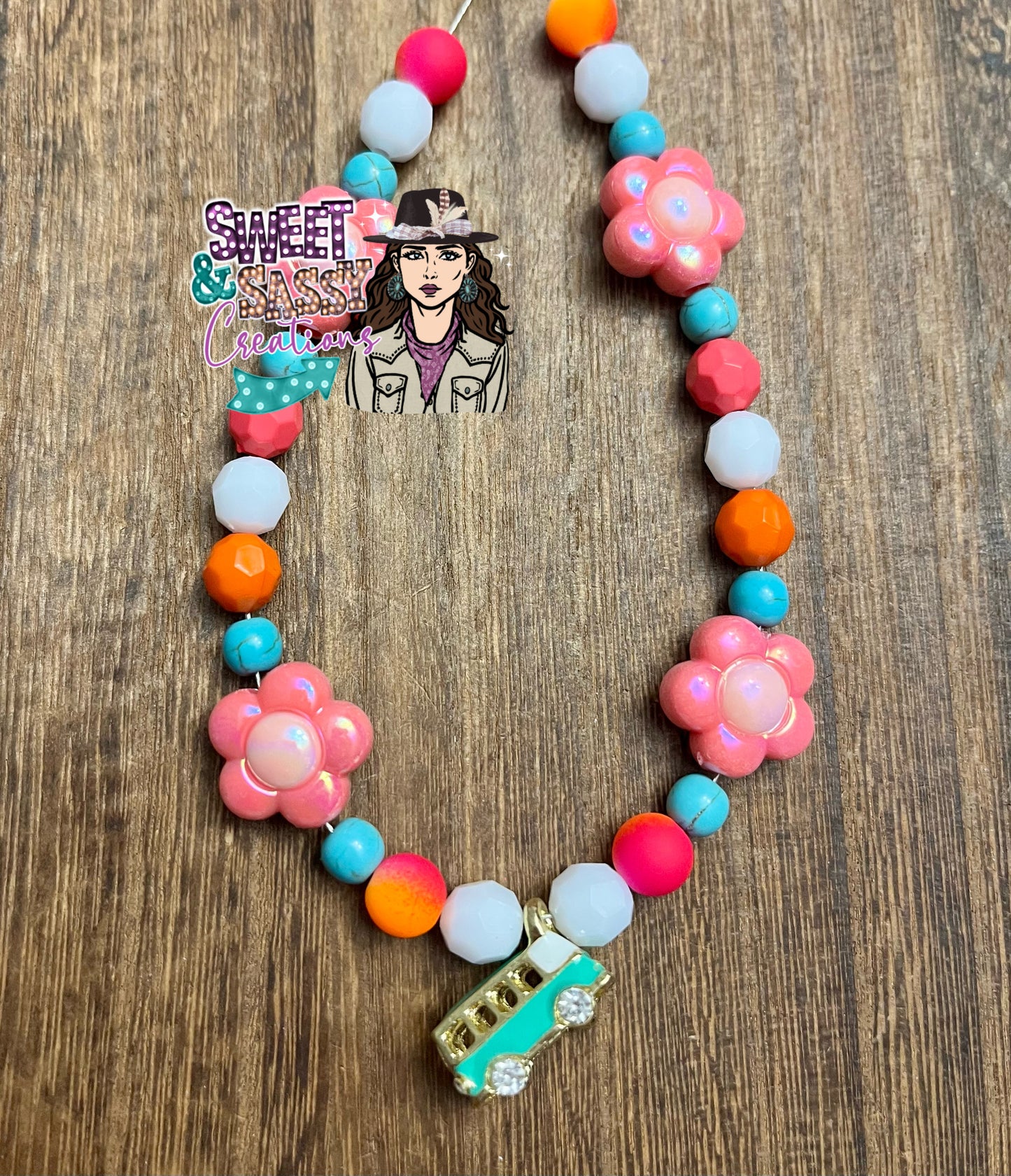 VW Blue Bus Flower Necklace