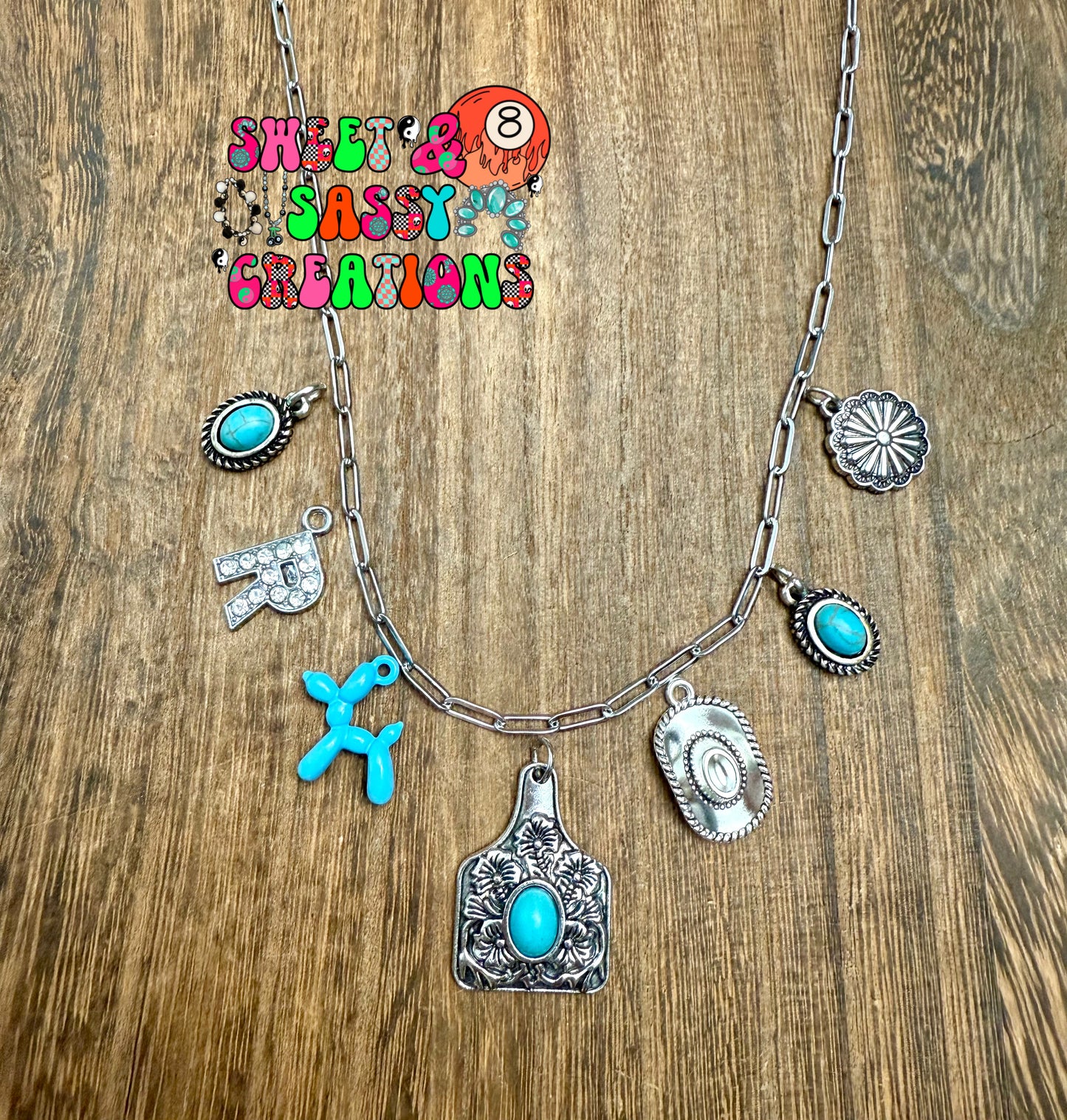 Turquoise Cow tag mashup Necklace (please leave size in notes at checkout)