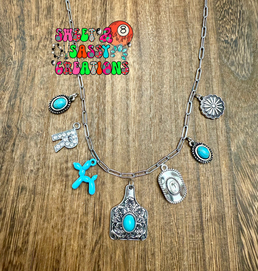 Turquoise Cow tag mashup Necklace (please leave size in notes at checkout)