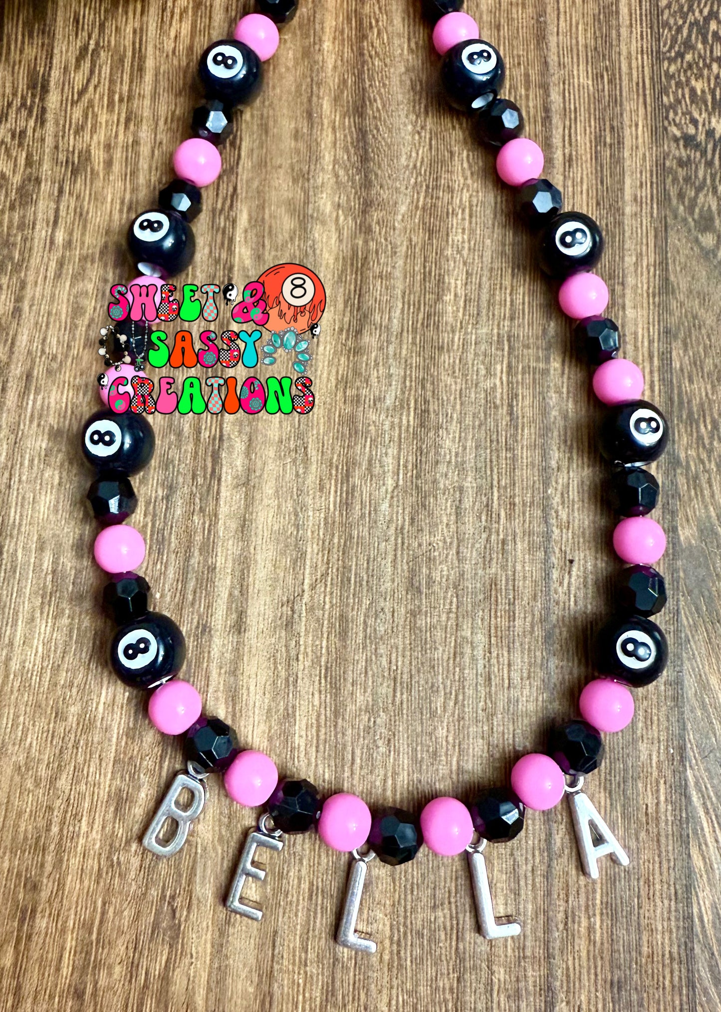 Pink Eightball Name Necklace (please leave size in notes at checkout)