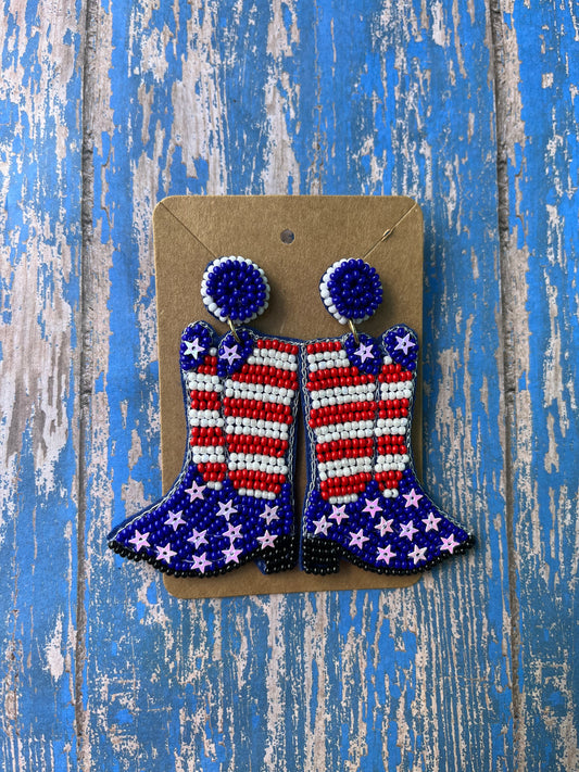 Red white and blue boot seed bead earrings