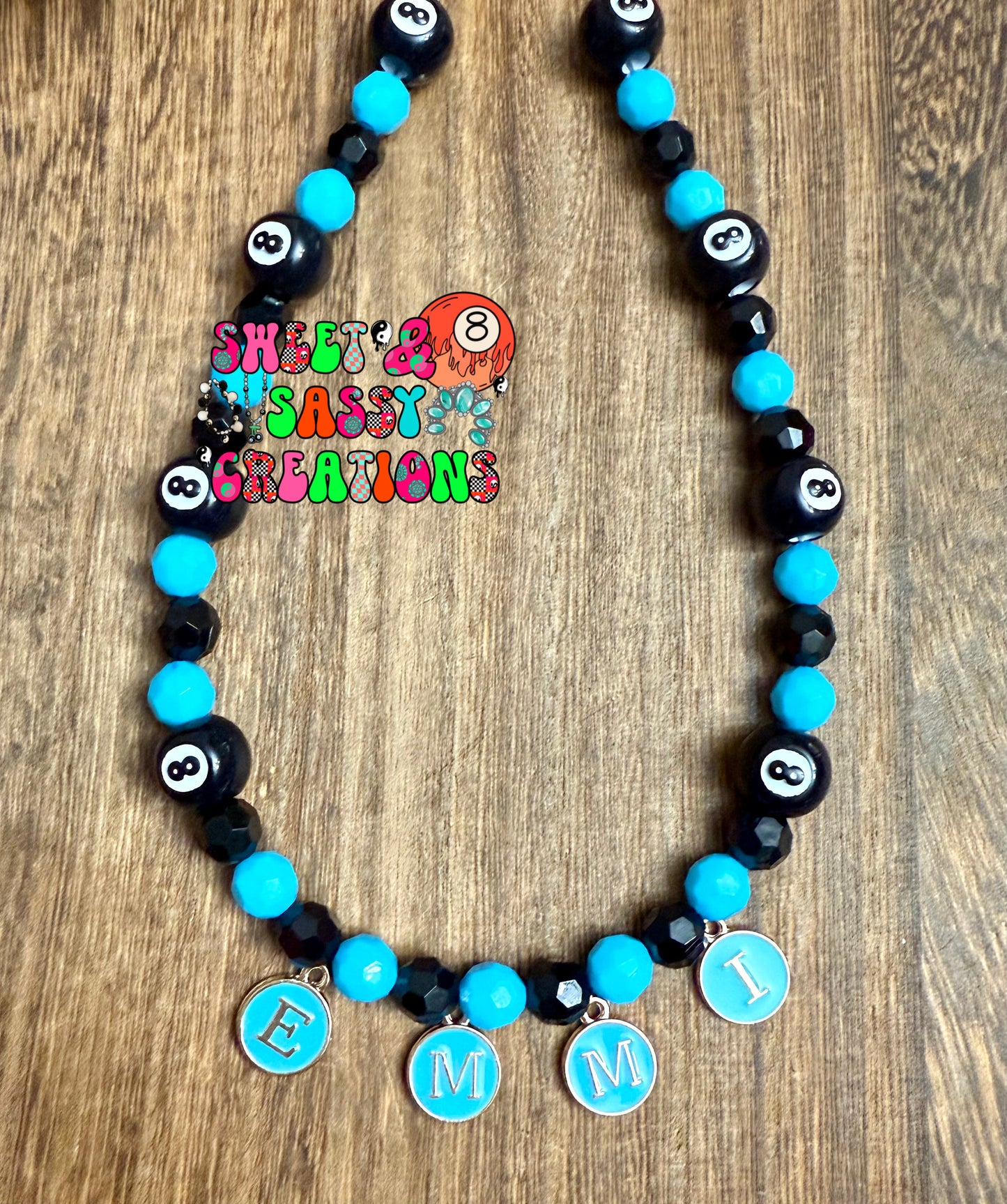 Turquoise Eightball Name Necklace (Please leave size in notes at checkout)